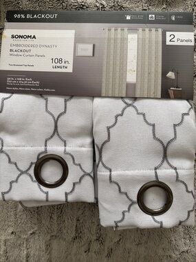 Sonoma White Curtain Panels with Gray Geometric Embroidery - 2 Pack